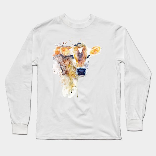 Watercolor Cow Head Long Sleeve T-Shirt by Marian Voicu